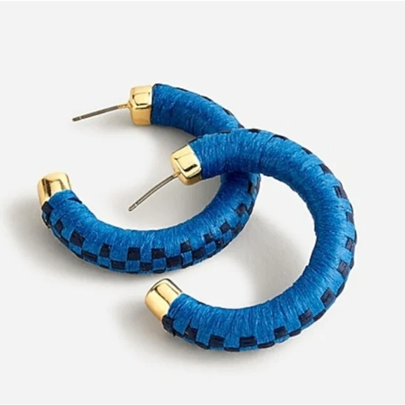 NEW J. Crew Raffia Hoop Earrings Blue Gold Style #B1322 MSRP $68 - Picture 1 of 7